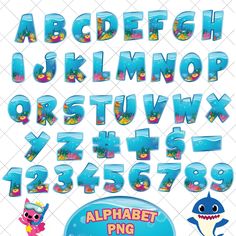 the alphabet and numbers are made up of cartoon characters, including an octopus, shark, and