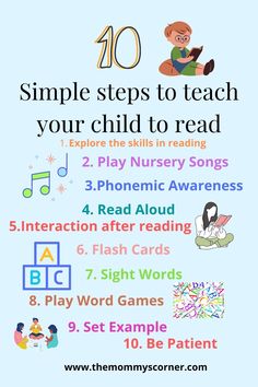 a poster with the words 10 simple steps to teach your child to read