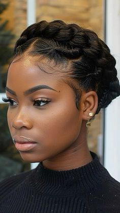 Feel like a true fairy-tale princess with this ethereal braided crown. The delicate braids create a soft and romantic look that's surprisingly easy to achieve with just a bit of practice.  📌Save this pin for later Braid Updo Black Women, Cornrows For Wedding, Black Up Hairstyles, African American Cornrow Hairstyles, Quick Low Maintenance Hairstyles, Updo Hairstyles With Braiding Hair, Braid Hairstyle For Natural Hair, Braids And Extensions, Womens Braids Hairstyles