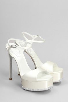 Anastasia Sandals in white satin, plateau, ankle strap, one strap, heel 145mm, 100% satin, leather sole, Made in Italy White Heels Prom, Heels Prom, Jeweled Shoes, Crystal Heels, Versace Shop, Satin Color, Rene Caovilla, White Heels, Wedding Heels