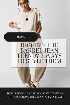 Barrel Leg Jeans Street Style, Bubble Jeans Outfit, Styling Balloon Jeans, Barrel Pants Outfit Summer, Balloon Leg Jeans Outfit, Barrel Jeans Outfit Spring, Barrel Jeans Winter Outfit, How To Style Balloon Jeans, Shoes To Wear With Barrel Jeans