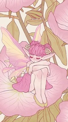 a pink fairy sitting on top of a flower