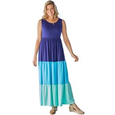 Looking for a nice pop of color? This dress is it!. Easy scoop neckline and sleeveless to keep you cool in warm weather. Maxi, A-line silhouette with multi-colored tiers. Plus Size Summer Dresses, Neckline Designs, Ballet Dress, Beach Maxi Dress, Plus Size Maxi, Woman Within, Maxi Dress Evening, Women Maxi, Tiered Maxi Dress