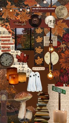 a collage of various items including candles, clocks and other things in the background