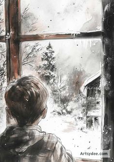 a drawing of a boy looking out a window at the snow covered trees and houses