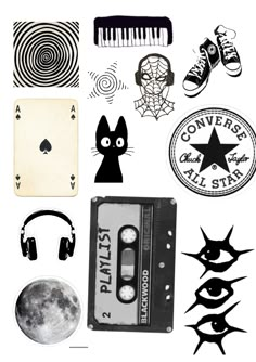 an assortment of stickers and decals on a white background, including a cassette