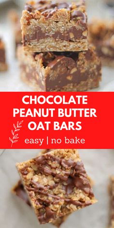 chocolate peanut butter oat bars stacked on top of each other with text overlay