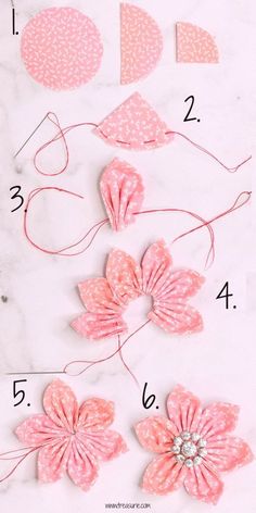 the instructions for how to make fabric flower hair clips with bows and pearls on them