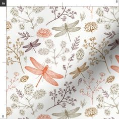 an image of dragonflies and flowers on a white background with pink, green, orange and grey colors