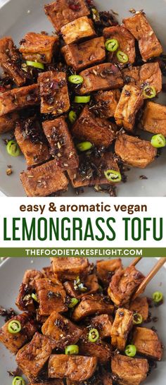 the recipe for lemongrass tofu is shown with chopsticks