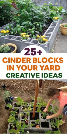 the garden is full of plants and flowers with text overlay reading 25 cinder blocks in your yard creative ideas