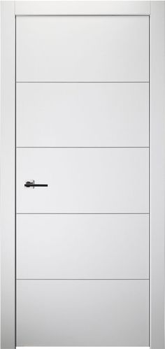 an image of a white door with black handle on the top and bottom paneling