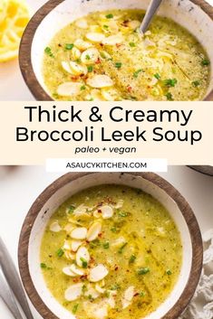 thick and creamy broccoli leek soup in two bowls