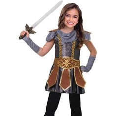 Costume Includes:- Dress Belt Gloves Please Note: Other Accessories Shown Are Not Included Extra Large Age: 11 -12 Years Shoulder To Hem: 71cm Height: 142cm Girls Medieval Costume, Fancy Dress Costumes Kids, Princess Fancy Dress, Dress And Gloves, Roman Costume, Girls Fancy Dress, Warrior Costume, Warrior Outfit, Knight Costume