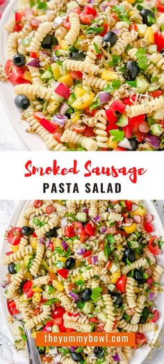 two plates filled with pasta salad on top of a white plate and the same side dish