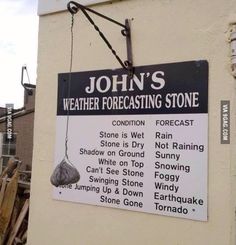 a sign on the side of a building that says john's weather forecast stone