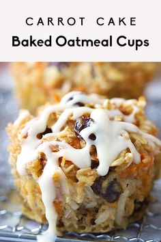 carrot cake baked oatmeal cups on a cooling rack with white icing