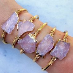 Stunning Bohemian Style Gold Plated 18k Rose Quartz wrapped bracelet is a beautiful complement to any outfit. This bracelet looks great stacked with other bracelets or alone. Geometric Crystal, Dope Jewelry Accessories, Raw Rose Quartz, Rose Gold Quartz, Brass Bangle, Rose Quartz Bracelet, Crystal Bangle, Wire Wrapped Bracelet, Crystal Jewellery