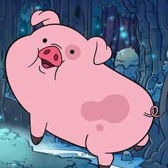 a pink pig standing in the woods