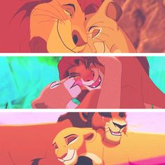 the lion king and his cubs hugging each other