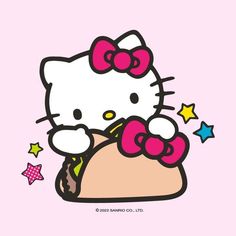 an image of hello kitty eating food with stars on the side and pink background for t - shirt design