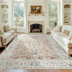 a living room with two couches and a rug in front of a fire place