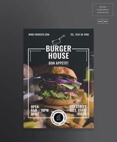 the burger house flyer is displayed on a dark background