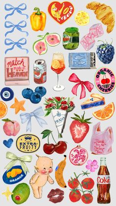 an assortment of various stickers on a white surface with fruit and vegetables in them