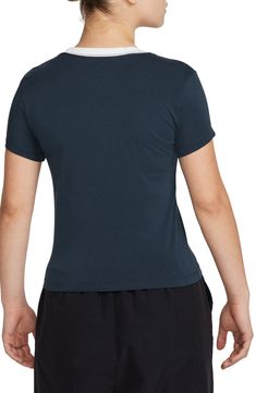 Close-fitting and slightly cropped, this T-shirt made with modal and cotton features a body-skimming fit and plenty of stretch to keep you moving comfortably. 20 1/2" length (size Medium) Crewneck Short sleeves 48% modal, 46% cotton, 6% spandex Machine wash, tumble dry Imported Nordstrom x Nike: A curated lifestyle destination where fashion is the ultimate sport Nike Cropped Short Sleeve T-shirt For Sports, Nike Moisture-wicking Crew Neck Tops, Nike Basic Short Sleeve Activewear, Moisture-wicking Cotton Cropped T-shirt, Crew Neck Cotton Workout Tops, Nike Short Sleeve Activewear, Nike Basic Moisture-wicking Tops, Basic Nike Crew Neck Top, Nike Fitted Sporty T-shirt