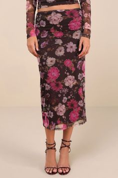 Chic yet sleek, there's nothing better than the Lulus Unforgettably Sweet Brown Floral Print Mesh High-Rise Midi Skirt! Stretchy mesh knit, with a cute floral print throughout, shapes this flattering skirt with a high-rise fit and a figure-skimming bodycon silhouette. Chic midi hem boasts a classic kick pleat at the back. Hidden back zipper/clasp. Pair with the matching top for a complete look! Fit: This garment fits true to size. Length: Mid-calf length. Size medium measures 32" from waist to h Midi Skirt Floral, Floral Wrap Skirt, Brown Floral Print, Kick Pleat, Todays Outfit, Brown Floral, Matching Top, Wrap Skirt, Stretchy Fabric