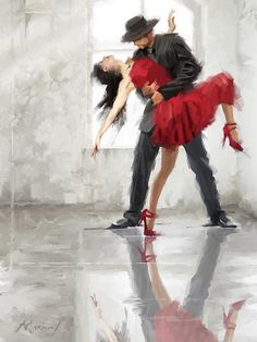 a painting of a man and woman dancing in an old fashion dance studio with their reflection on the floor