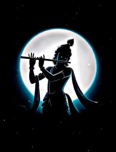 the silhouette of a woman holding a flute in front of a full moon with stars