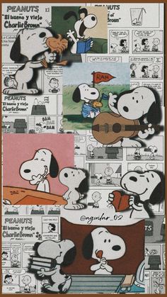 peanuts playing guitar and singing in front of a newspaper page with cartoon characters on it