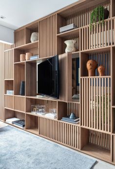 an entertainment center with wooden shelves and vases on the wall, along with a blue rug