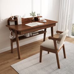 a wooden desk with a chair next to it