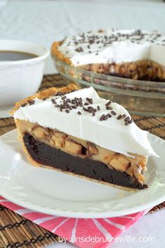 a slice of chocolate pie on a white plate