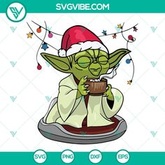 the yoda star wars character is wearing a santa hat and holding a coffee mug