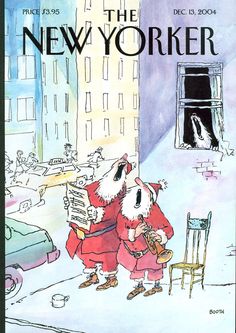 the new yorker magazine cover with two santas looking at each other in front of a window