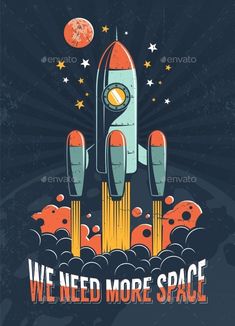 we need more space poster with rocket and stars in the sky, on dark background