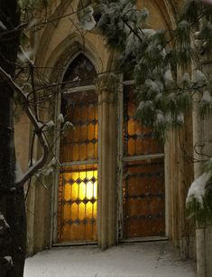 an open door to a building with snow on the ground and trees in front of it