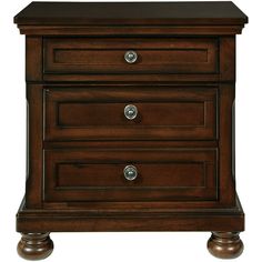 a wooden night stand with three drawers and two pulls on the bottom, one drawer open