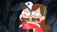 a cartoon character hugging another character in front of a dark cave with rocks and plants