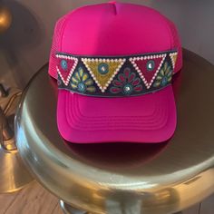 Adjustable Back One Size Fits All Summer Beach Embroidered Trucker Hat, Pink Trucker Hat With Curved Brim For Festivals, Adjustable Embroidered Party Hat, Bohemian Summer Trucker Hat For Festival, Bohemian Trucker Hat For Summer Festivals, Bohemian Trucker Hat For Spring Festival, Bohemian Summer Festival Trucker Hat, Pink Bohemian Cap, Beaded Cap Hats For Festivals