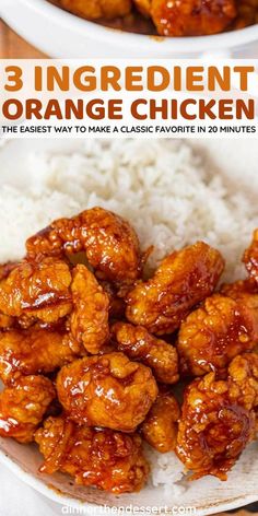 orange chicken is served with rice and sauce on the side for an easy, delicious dinner