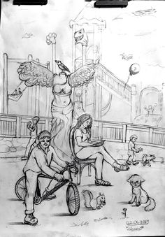 a drawing of some people on a bike