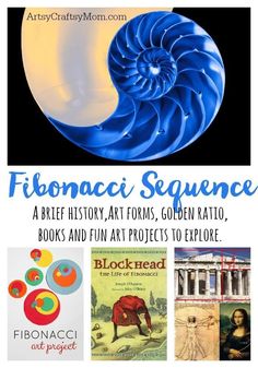 the cover of fibonaci sequence is shown with images of books and art projects to explore