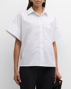 Find CO Boxy Short-sleeve Llared Shirt on Editorialist. Co shirt featuring a large chest patch pocket and sleeve panels Point collar; concealed button front Short sleeves Boxy fit Cotton Imported Boxy Fit Shirt, Light Summer, Collared Shirt, Collar Shirts, Womens Clothing Tops, Patch Pocket, Neiman Marcus, Black Shirt, Top Shirt