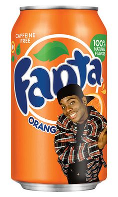 a can of orange soda with an image of a man on the front and side