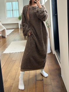 Minimalist Loose Knit Faux Mink Striped House Dress Khaki   Long Sleeve Knitwear Striped  Non-Stretch Fall/Winter Women Sleep & Lounge, size features are:Bust: ,Length: ,Sleeve Length: Plain Cardigan, Women Crew Socks, Women Legs, Loose Knit, Khaki Dress, House Dress, Sewing Project, Inspiration Mode, Jumper Dress