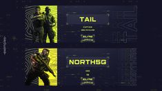 two screens from the video game's title sequence are shown in yellow and black